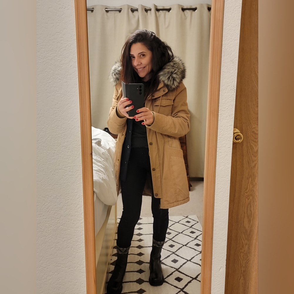 Lucky Brand Tan Utility Jacket with Faux Fur Hood